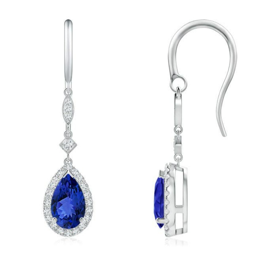 Earrings Angara Tanzanite | Pear-Shaped Tanzanite Drop Earrings With Diamond Halo