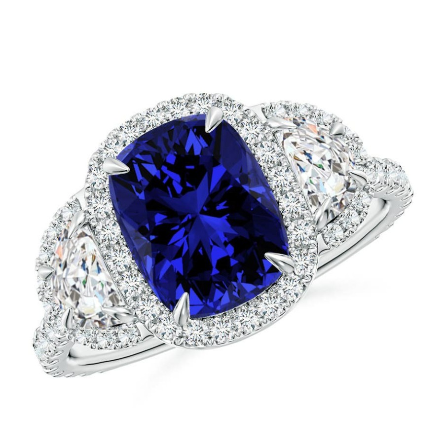 Rings Angara Blue Sapphire | Lab-Grown Cushion Blue Sapphire And Half Moon Diamond Halo Ring