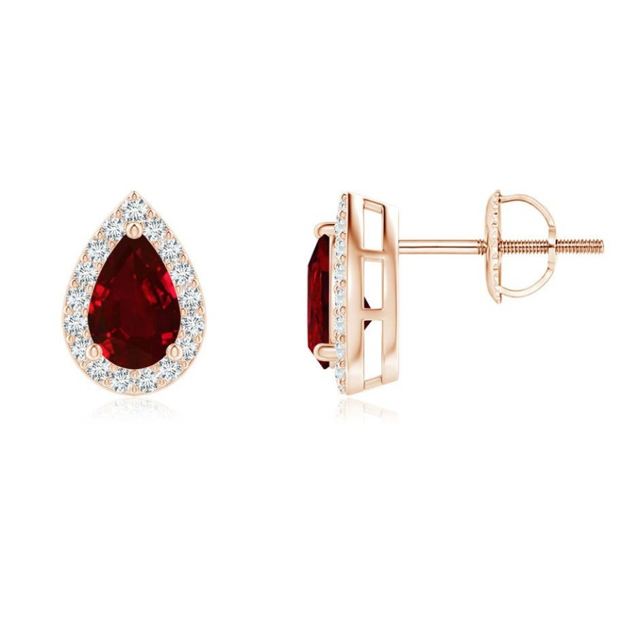 Earrings Angara Ruby | Pear-Shaped Ruby Halo Stud Earrings