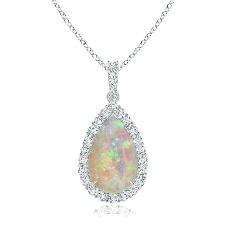 Necklaces Angara Opal | Gia Certified Pear-Shaped Opal Halo Pendant