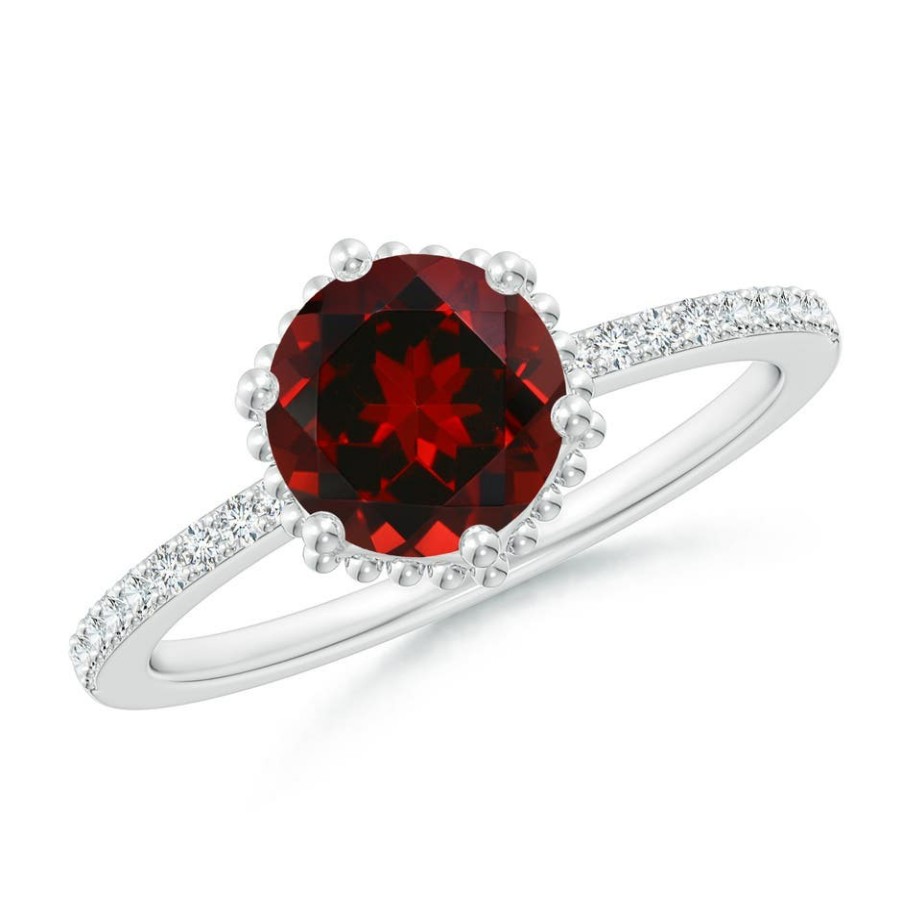 Rings Angara Garnet | Solitaire Round Garnet Ring With Diamond Accents