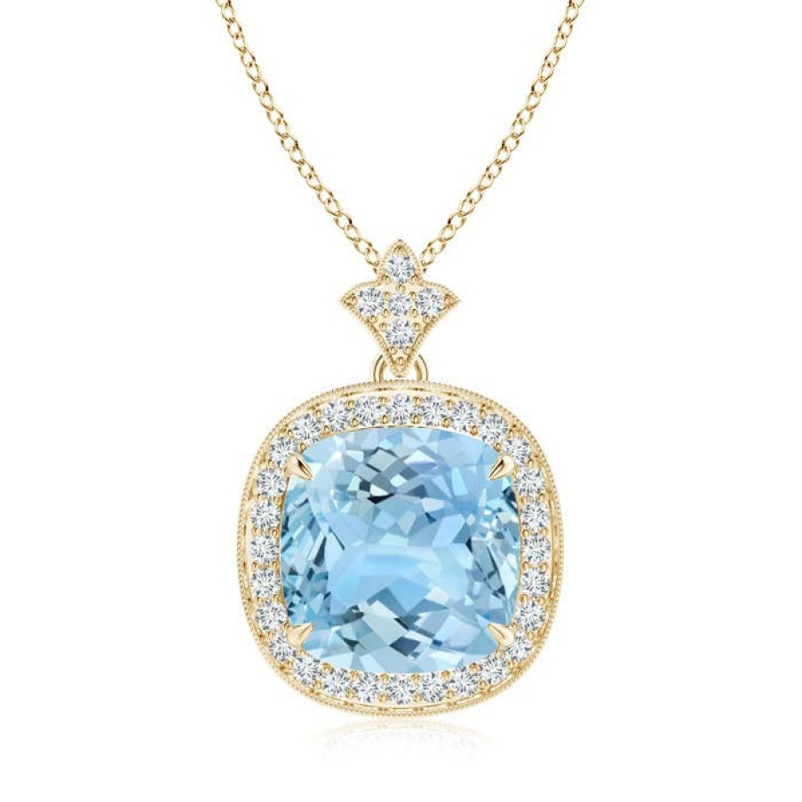 Necklaces Angara Aquamarine | Vintage Inspired Cushion Aquamarine Halo Pendant