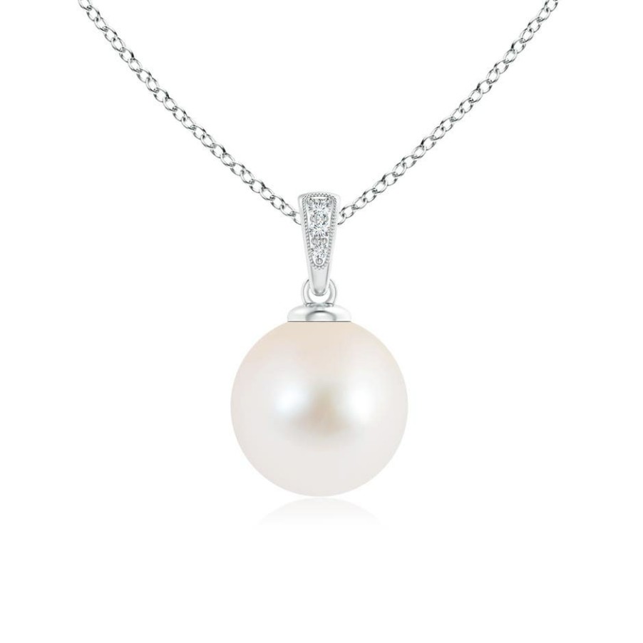 Necklaces Angara Freshwater Pearl | Solitaire Freshwater Pearl Pendant With Diamonds