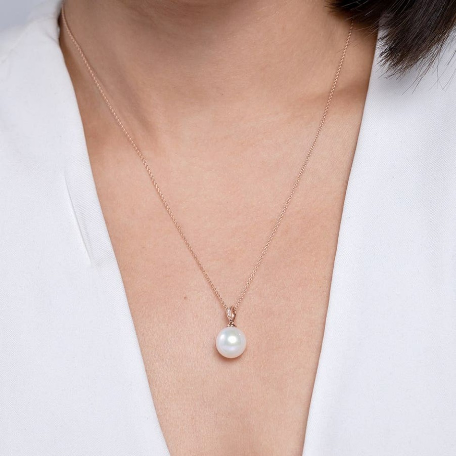 Necklaces Angara Freshwater Pearl | Solitaire Freshwater Pearl Pendant With Diamonds