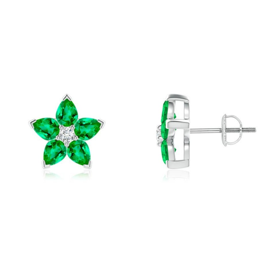 Earrings Angara Emerald | V-Prong Set Emerald And Diamond Flower Stud Earrings