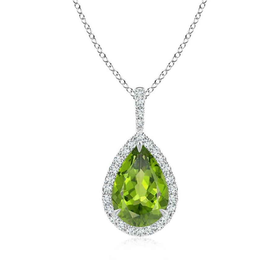 Necklaces Angara Peridot | Peridot Teardrop Pendant With Diamond Halo