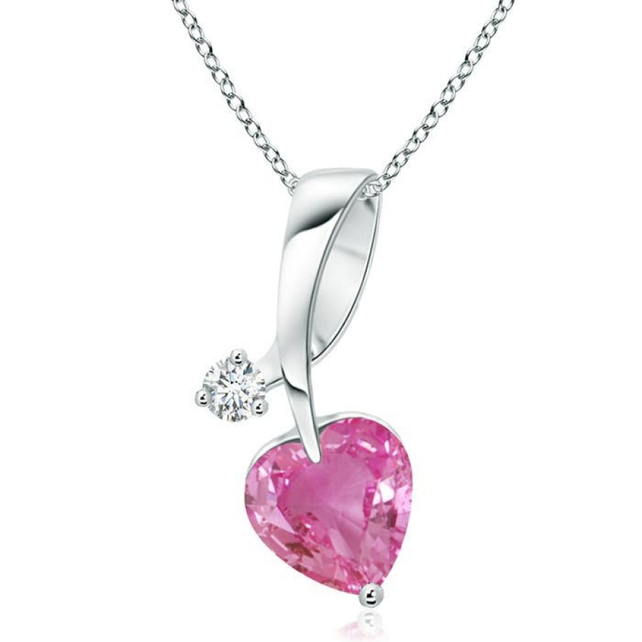 Necklaces Angara Pink Sapphire | Heart-Shaped Pink Sapphire Ribbon Pendant With Diamond