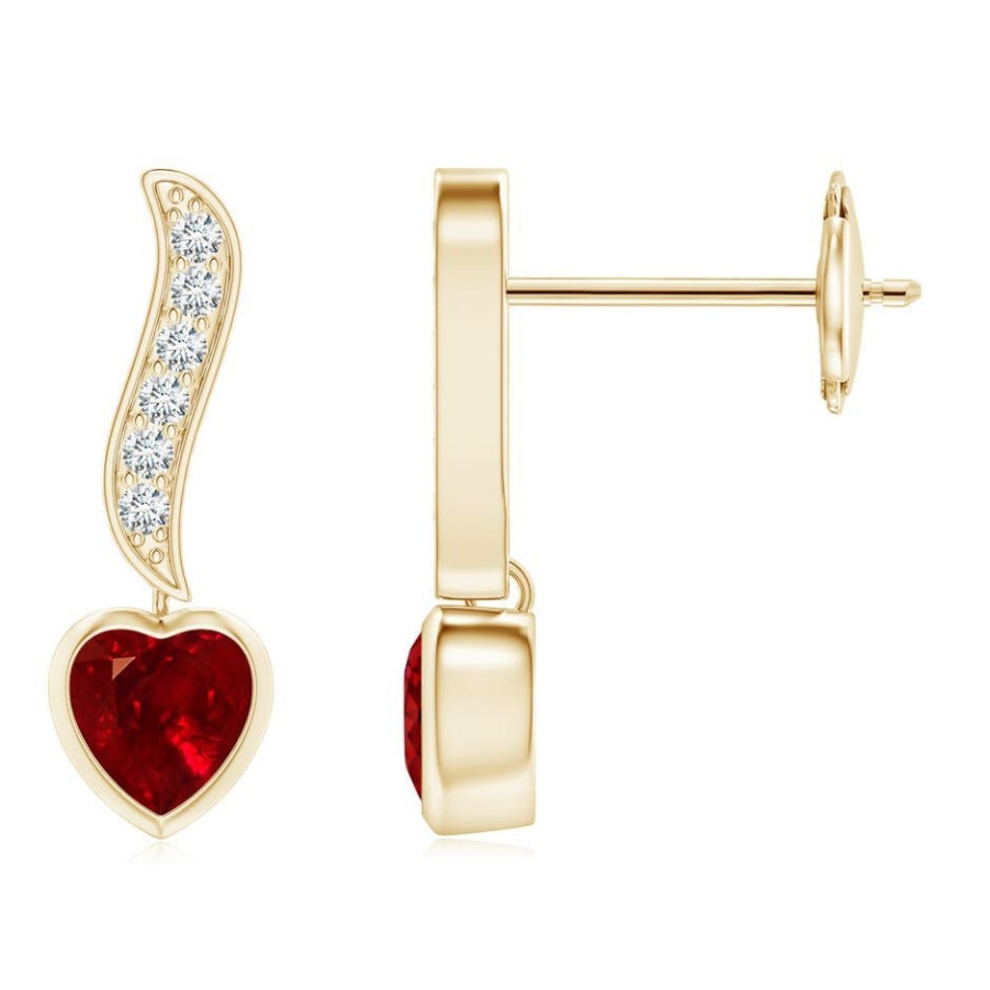 Earrings Angara Ruby | Heart-Shaped Ruby And Diamond Swirl Drop Earrings