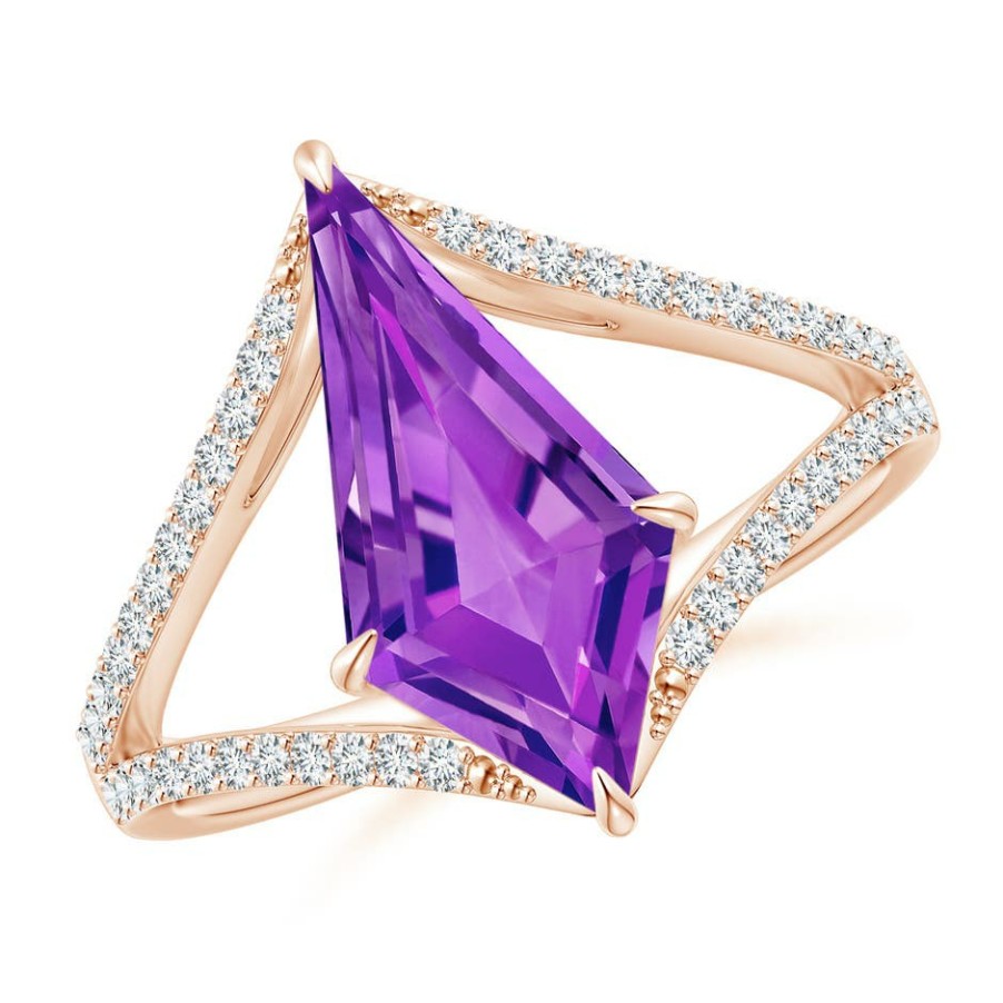 Rings Angara Amethyst | Kite-Shaped Step-Cut Amethyst Split Shank Ring With Diamond Accents