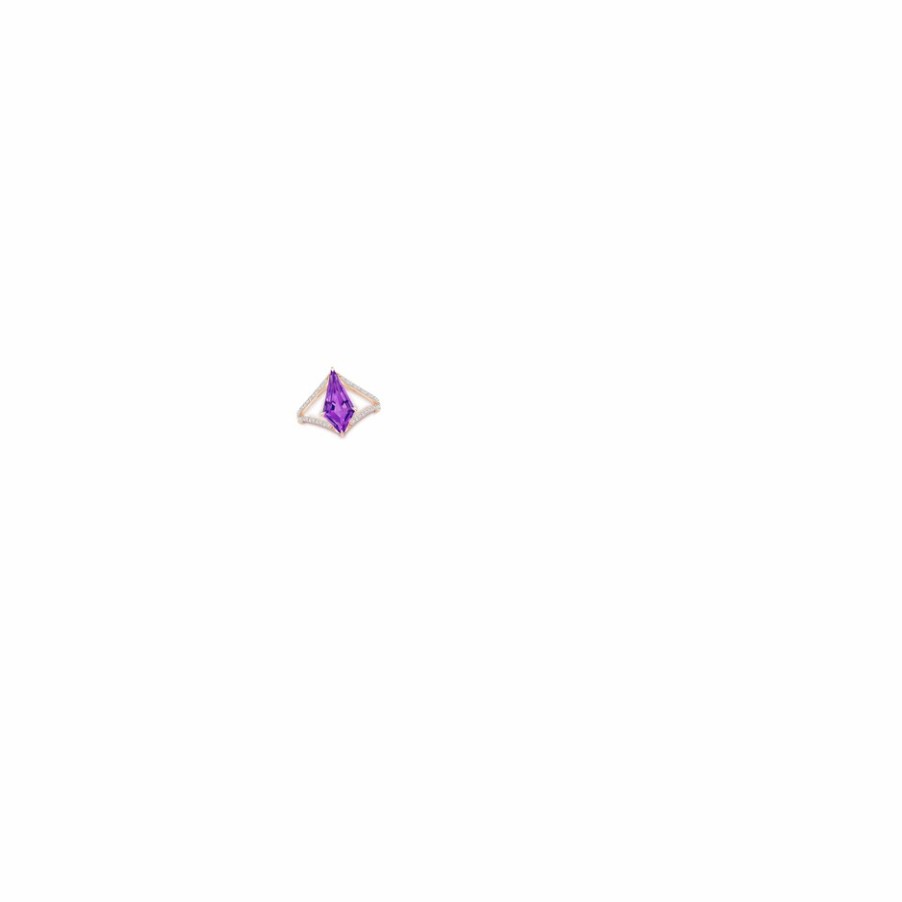 Rings Angara Amethyst | Kite-Shaped Step-Cut Amethyst Split Shank Ring With Diamond Accents