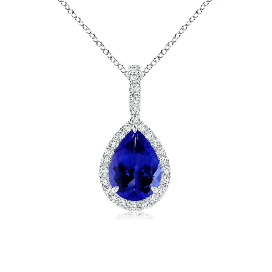 Necklaces Angara Tanzanite | Tanzanite Teardrop Pendant With Diamond Halo