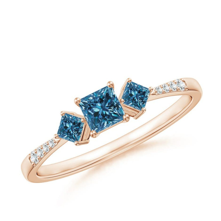 Rings Angara Enhanced Blue | Three Stone Blue Diamond Engagement Ring