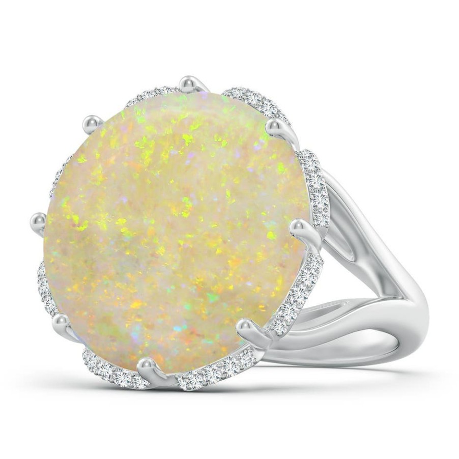 Rings Angara Opal | Gia Certified Round Opal Ring With Floral Halo With Dangling Diamonds