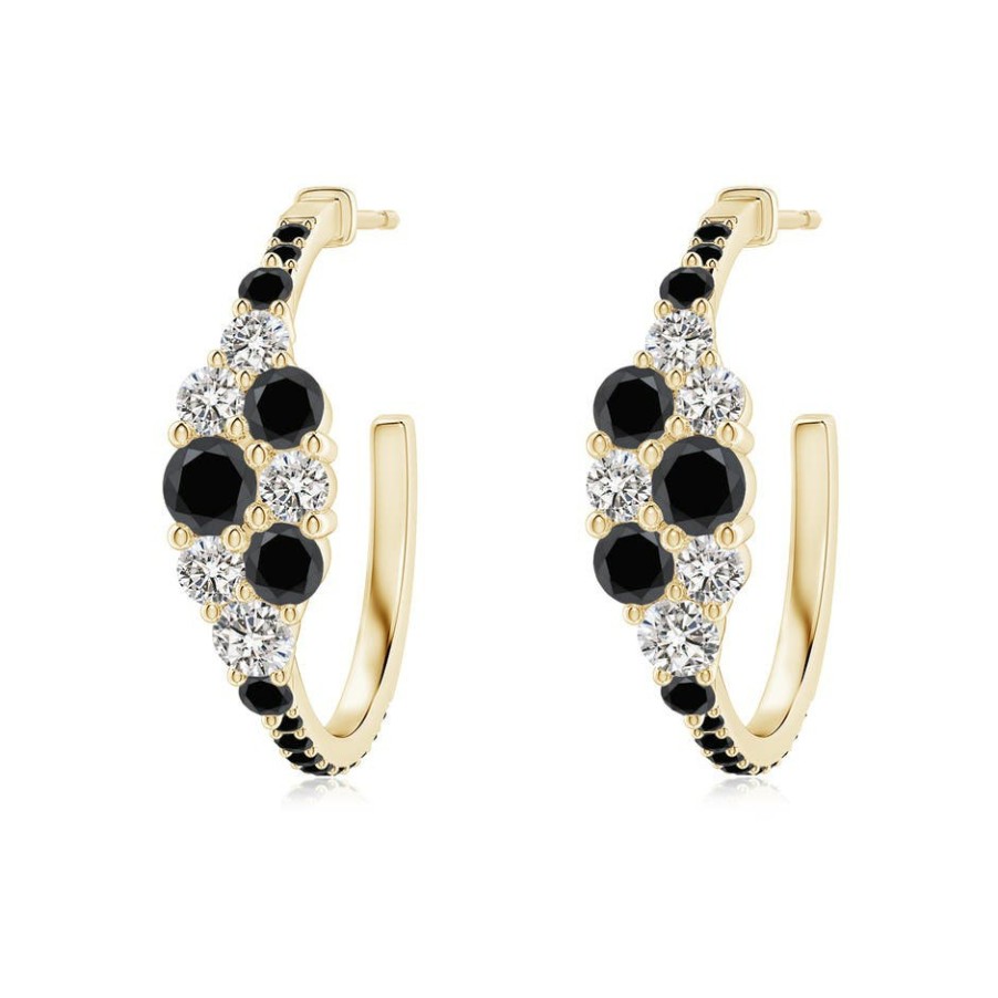 Earrings Angara Enhanced Black | White & Black Diamond Cluster Asymmetrical Hoop Earrings