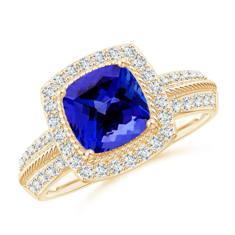 Rings Angara Tanzanite | Twisted Rope Cushion Tanzanite Halo Ring