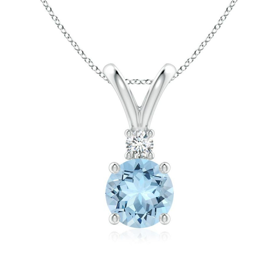 Necklaces Angara Aquamarine | Round Aquamarine Solitaire V-Bale Pendant With Diamond