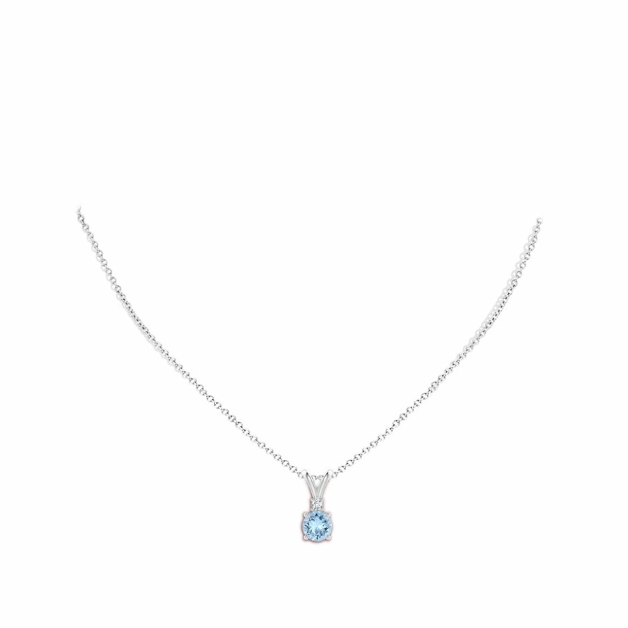 Necklaces Angara Aquamarine | Round Aquamarine Solitaire V-Bale Pendant With Diamond