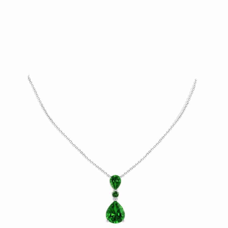 Necklaces Angara Emerald | Lab-Grown Pear And Round Emerald Three Stone Pendant