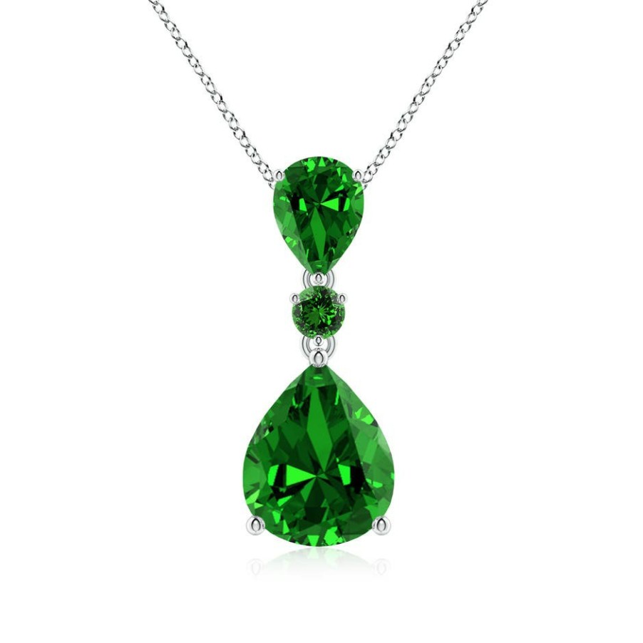 Necklaces Angara Emerald | Lab-Grown Pear And Round Emerald Three Stone Pendant