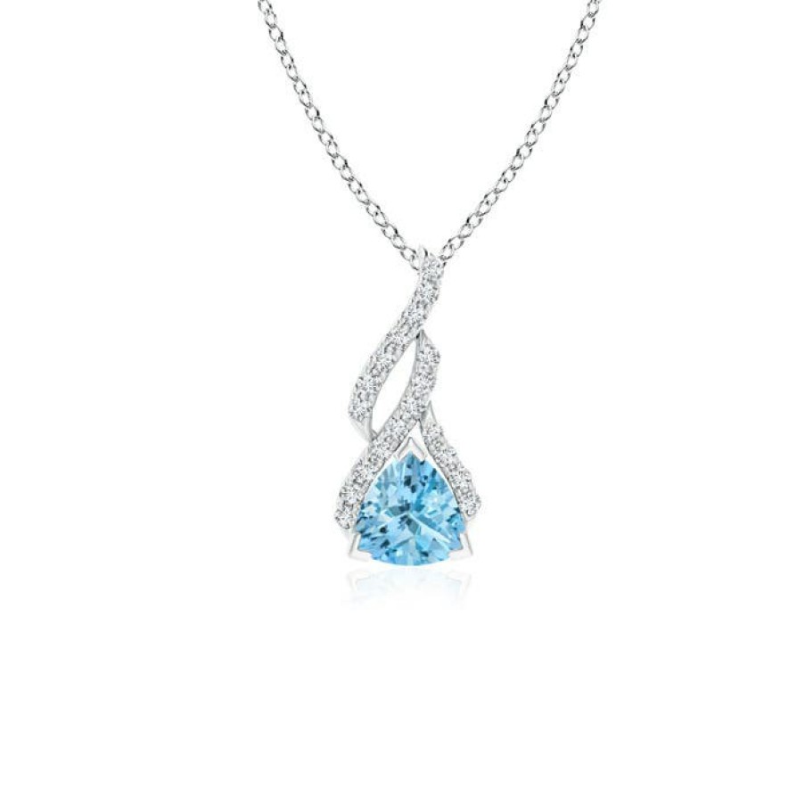 Necklaces Angara Aquamarine | Trillion Aquamarine Solitaire Pendant With Diamond Swirl