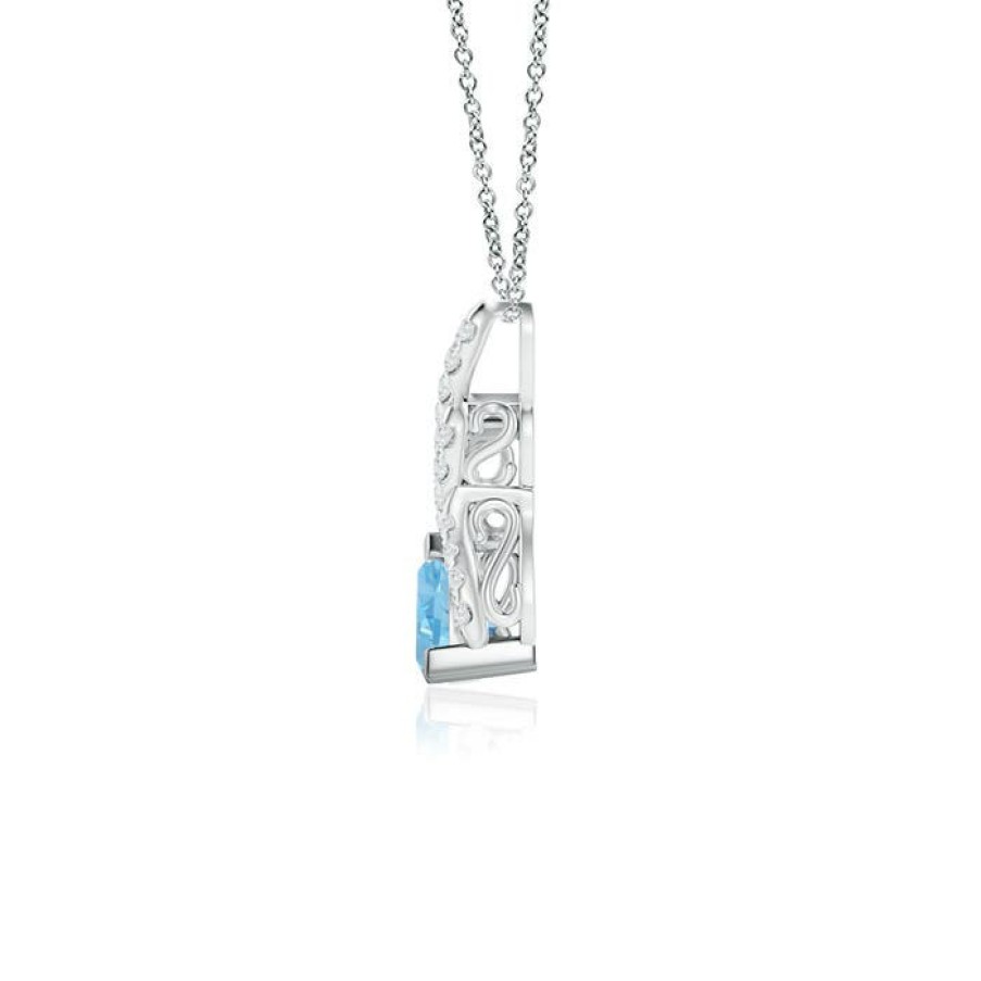 Necklaces Angara Aquamarine | Trillion Aquamarine Solitaire Pendant With Diamond Swirl