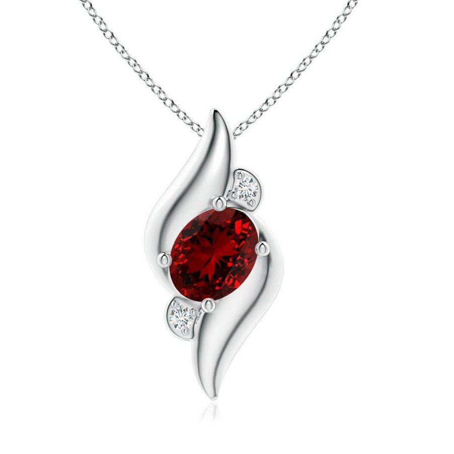 Necklaces Angara Ruby | Lab-Grown Shell Style Oval Ruby And Lab Diamond Pendant