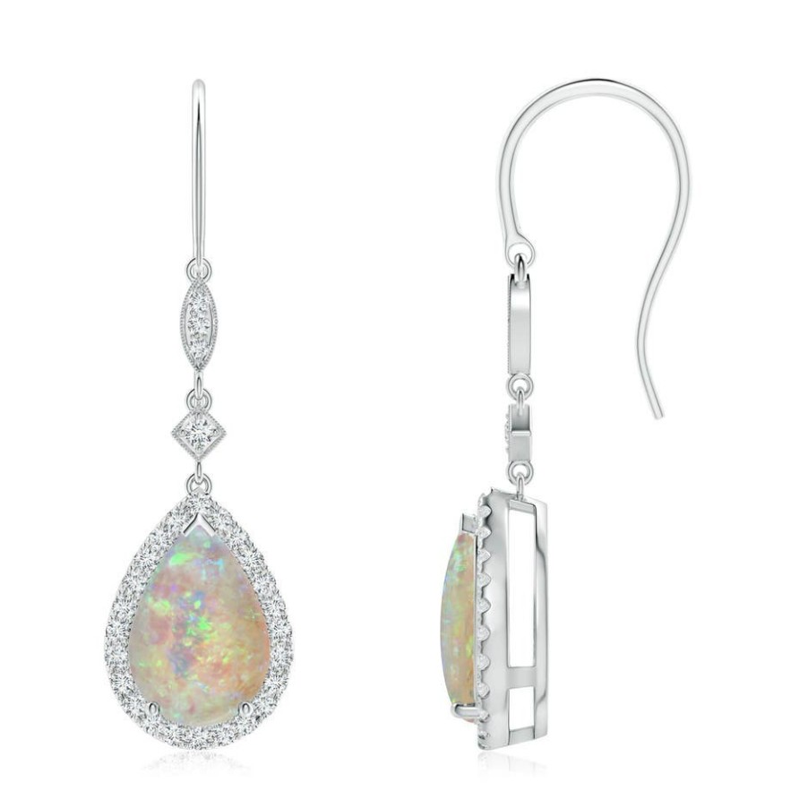 Earrings Angara Opal | Pear-Shaped Opal Drop Earrings With Diamond Halo