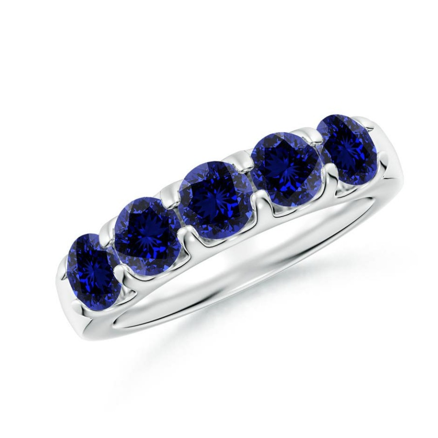 Rings Angara Blue Sapphire | Lab-Grown Shared Prong Set Half Eternity Sapphire Wedding Ring