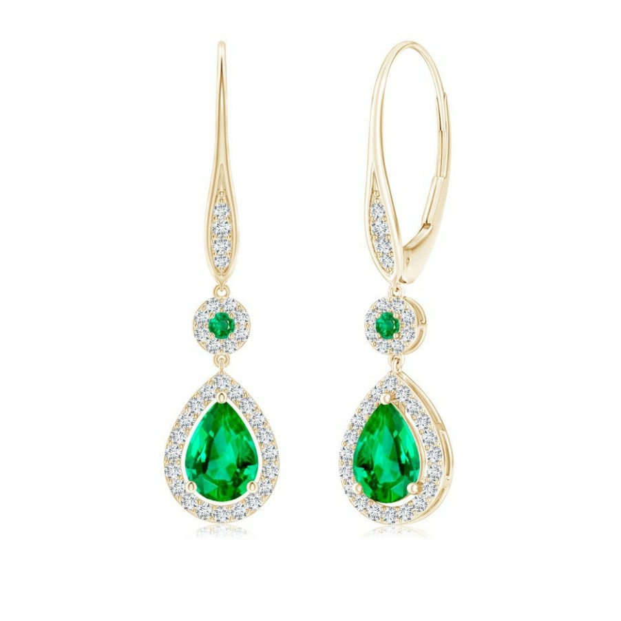 Earrings Angara Emerald | Round And Pear Emerald Halo Leverback Earrings