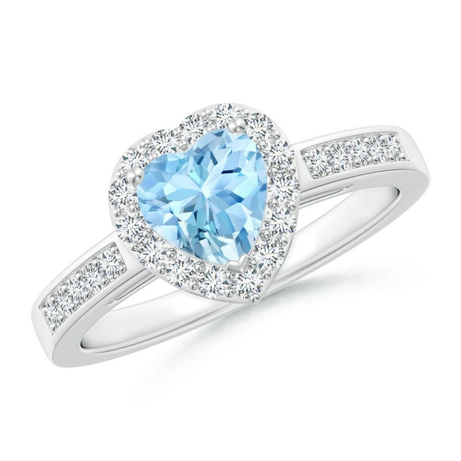 Rings Angara Aquamarine | Heart-Shaped Aquamarine Halo Ring With Diamond Accents