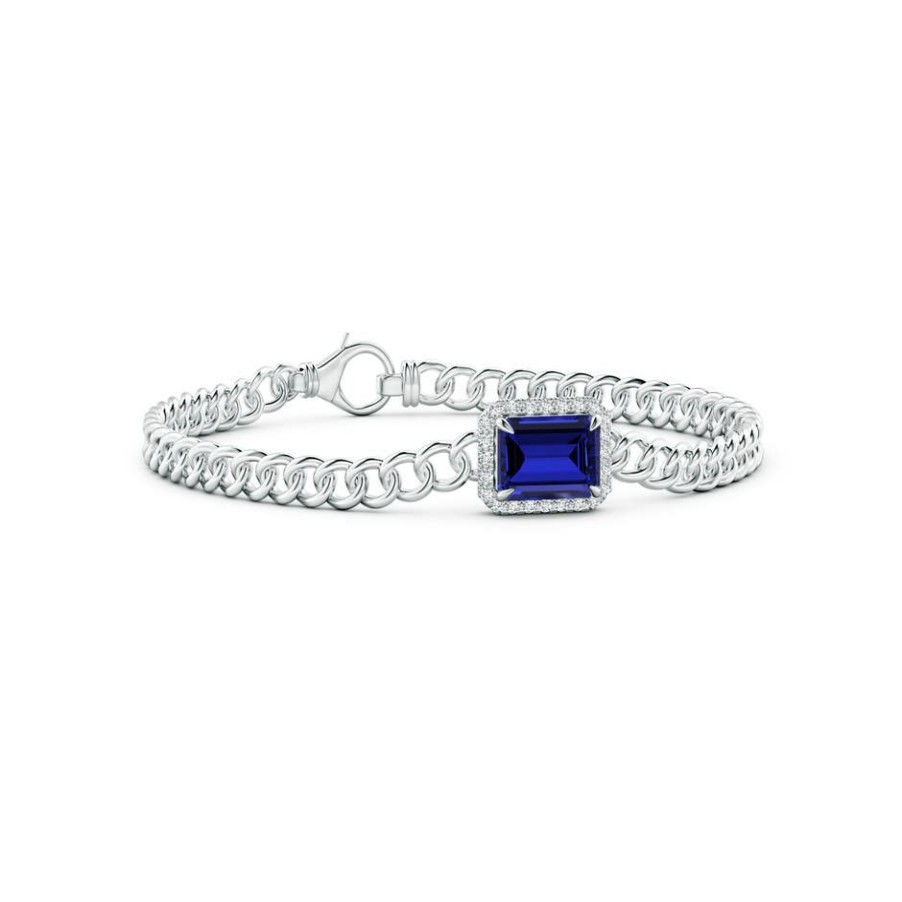 Bracelets Angara Blue Sapphire | Lab-Grown Emerald-Cut Sapphire Bracelet With Lab Diamond Halo