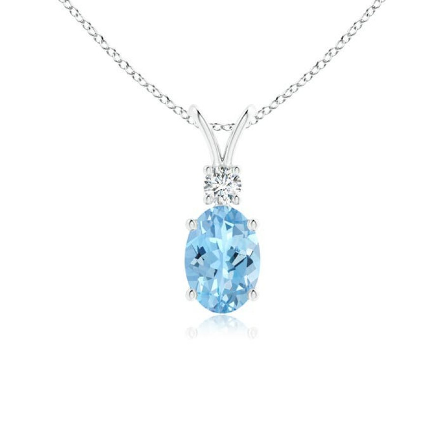 Necklaces Angara Aquamarine | V-Bale Oval Aquamarine Solitaire Pendant With Diamond