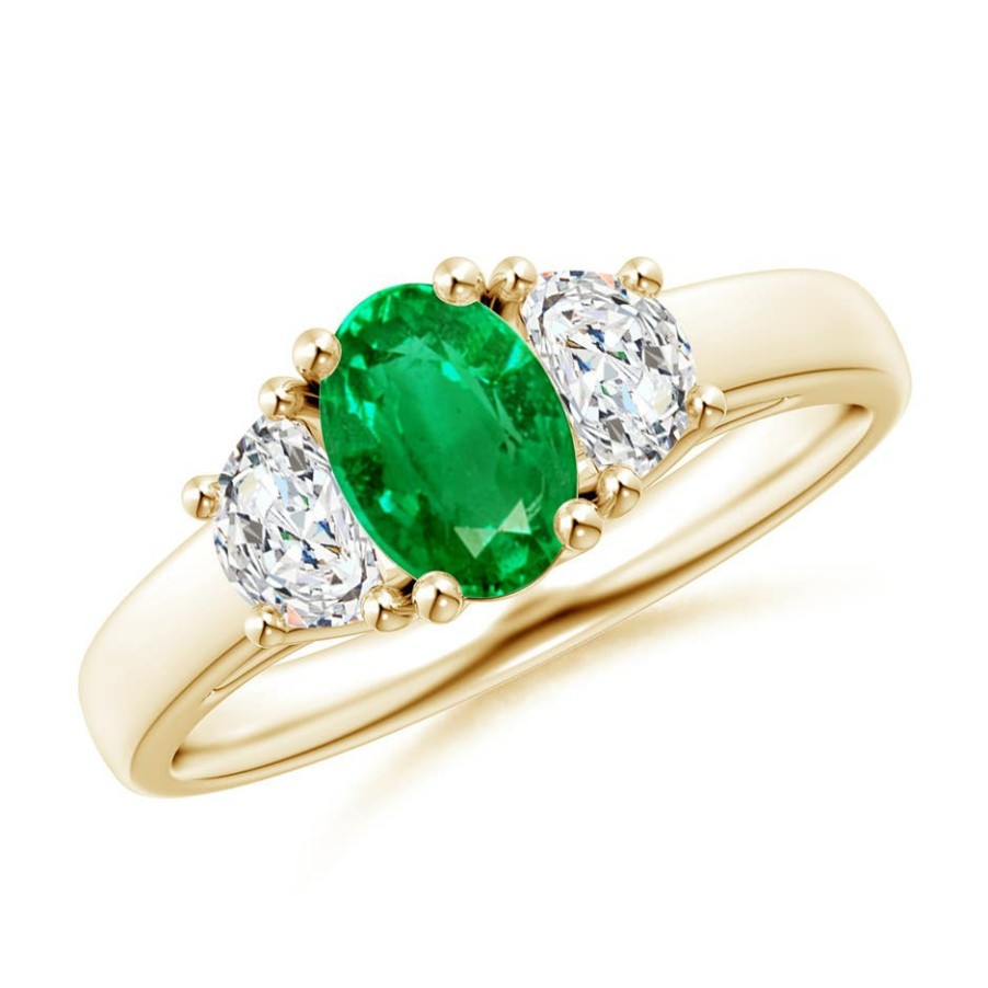 Rings Angara Emerald | Three Stone Oval Emerald And Half Moon Diamond Ring