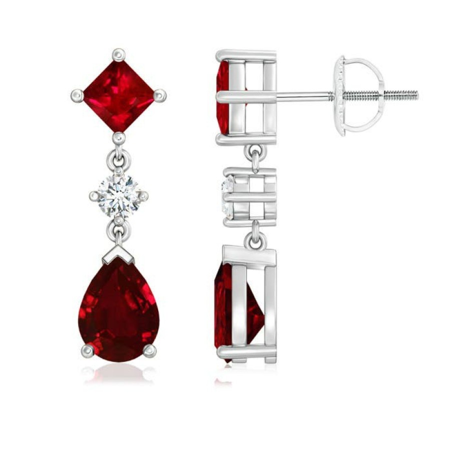 Earrings Angara Ruby | Square And Pear Ruby Drop Earrings With Diamond