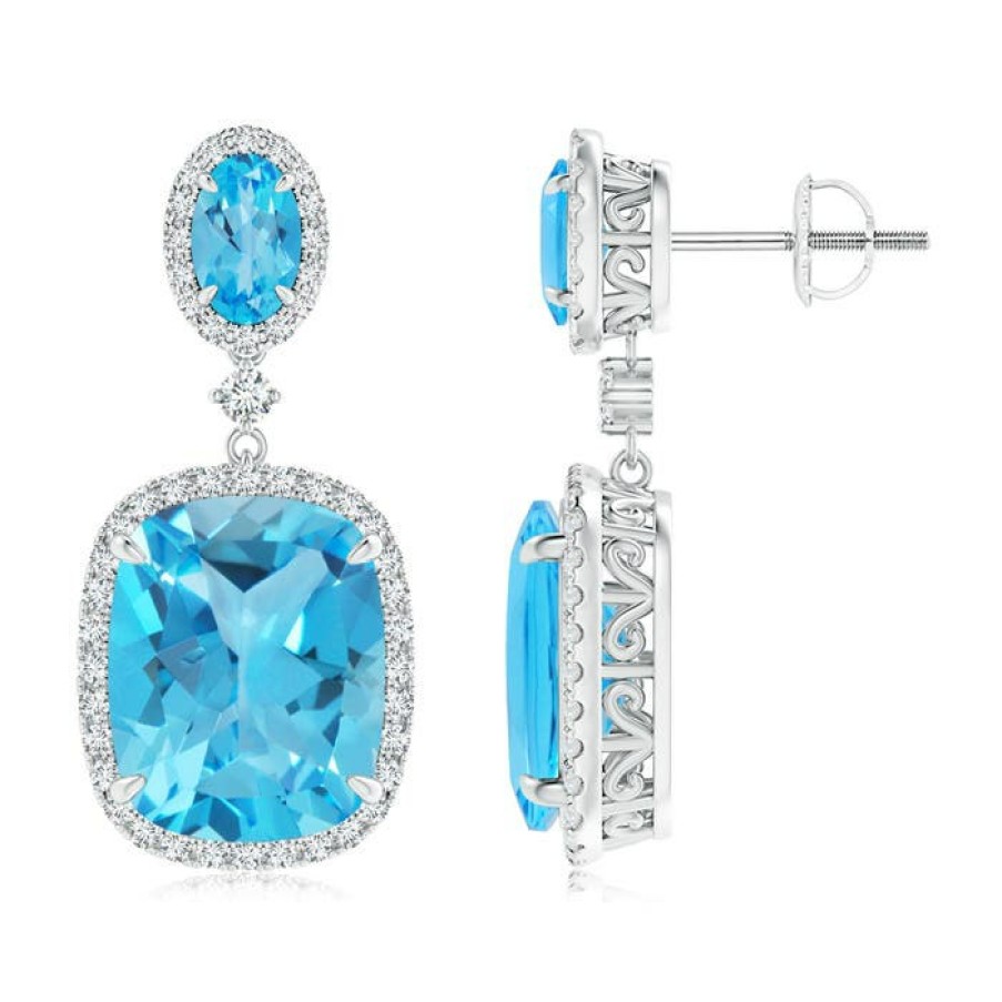 Earrings Angara Swiss Blue Topaz | Two Tier Claw-Set Swiss Blue Topaz Dangle Earrings With Diamond Halo