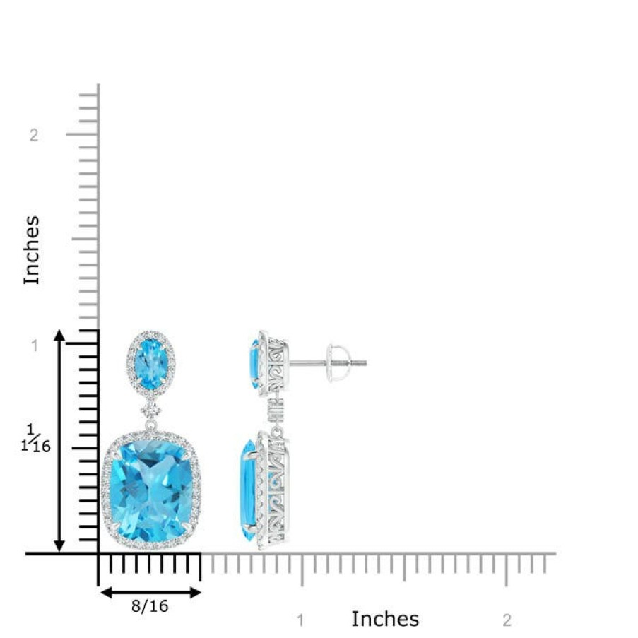 Earrings Angara Swiss Blue Topaz | Two Tier Claw-Set Swiss Blue Topaz Dangle Earrings With Diamond Halo