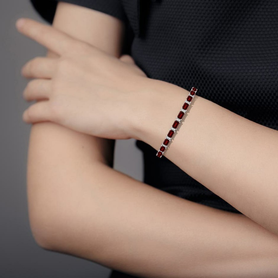 Bracelets Angara Garnet | Classic Emerald-Cut Garnet Bracelet With Diamonds