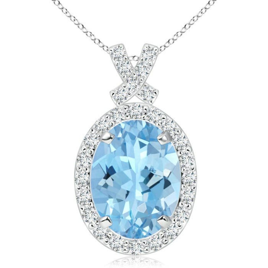 Necklaces Angara Aquamarine | Vintage Style Aquamarine Pendant With Diamond Halo