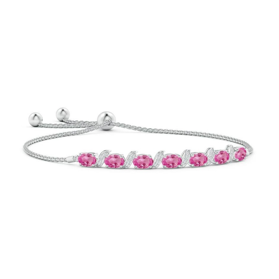 Bracelets Angara Pink Sapphire | Oval Pink Sapphire Bolo Bracelet With Pave-Set Diamonds