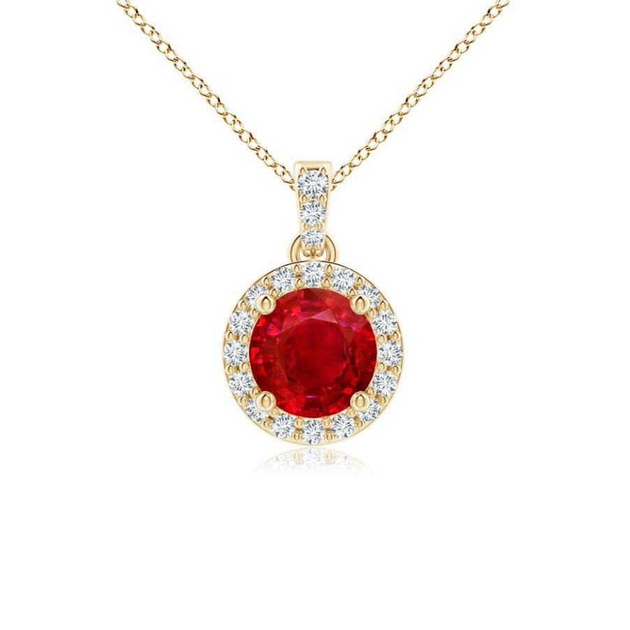 Necklaces Angara Ruby | Round Ruby Dangle Pendant With Diamond Halo