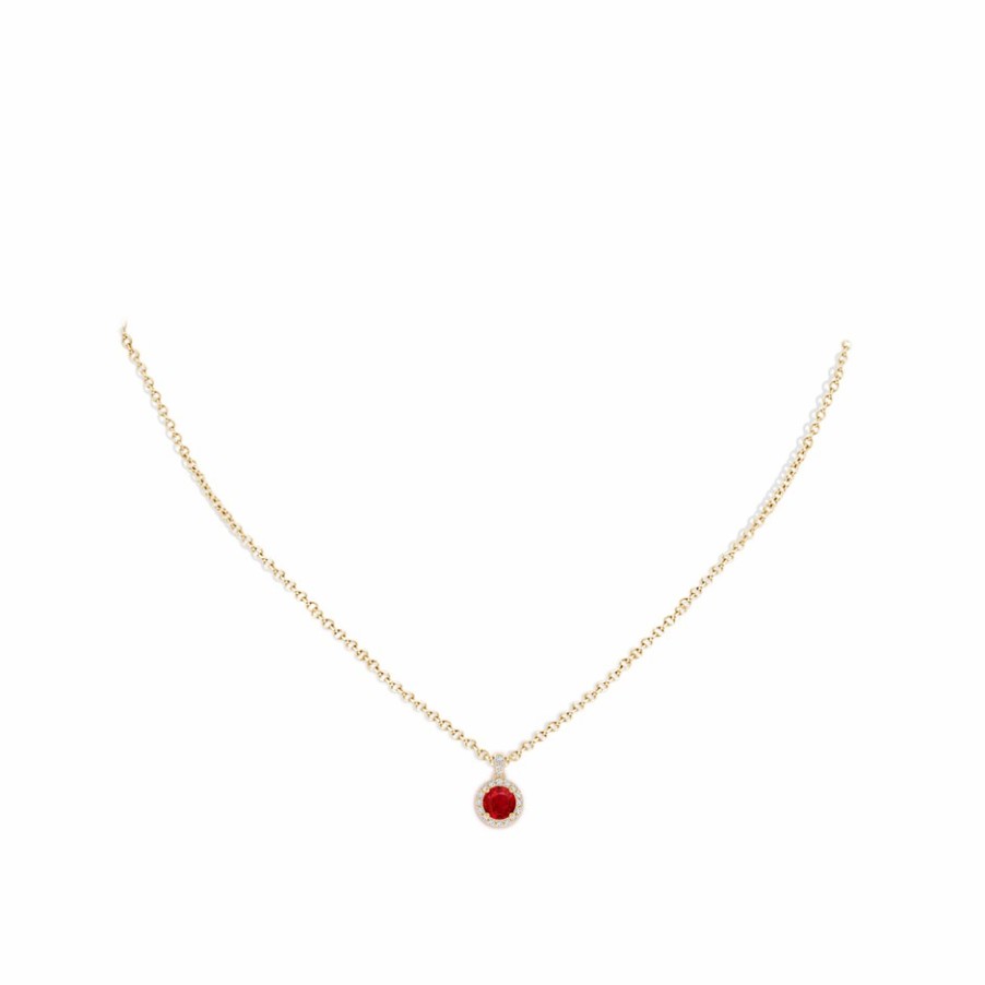 Necklaces Angara Ruby | Round Ruby Dangle Pendant With Diamond Halo