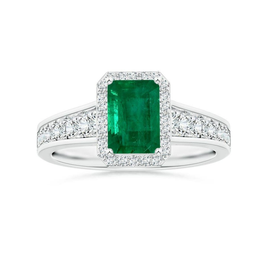 Rings Angara Emerald | Gia Certified Emerald-Cut Emerald Halo Ring With Diamond Tapered Shank