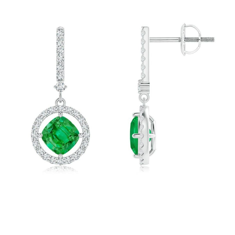 Earrings Angara Emerald | Floating Cushion Emerald And Diamond Halo Drop Earrings