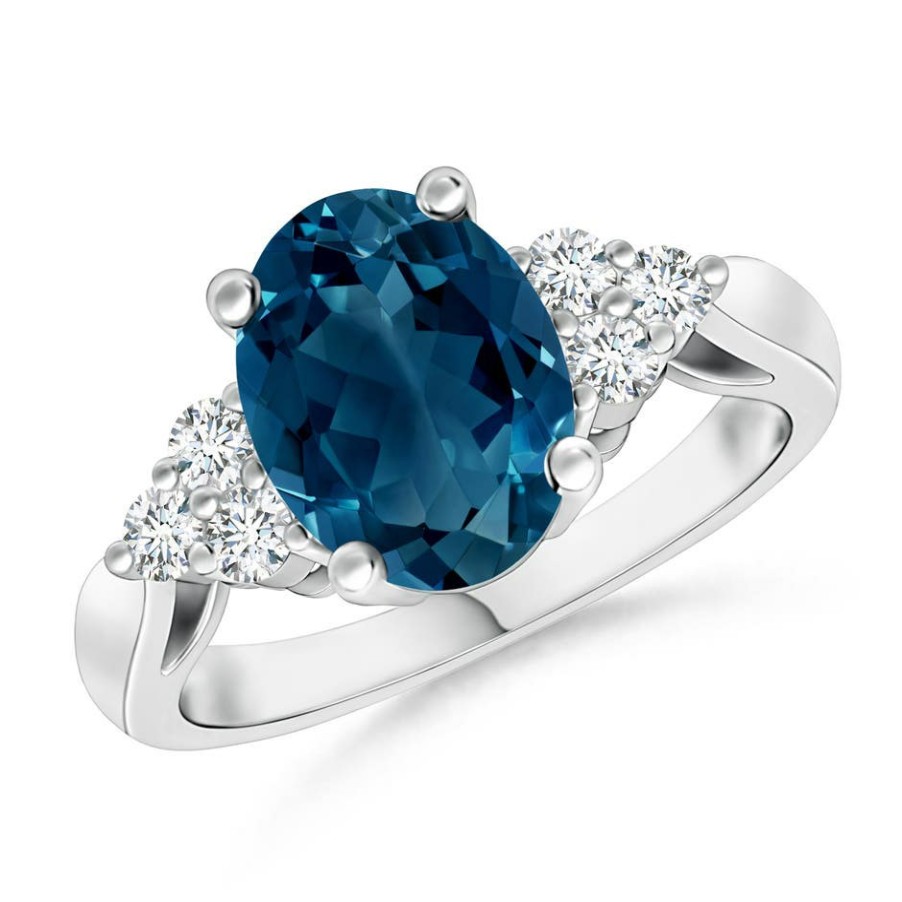 Rings Angara London Blue Topaz | Oval London Blue Topaz Cocktail Ring With Trio Diamonds