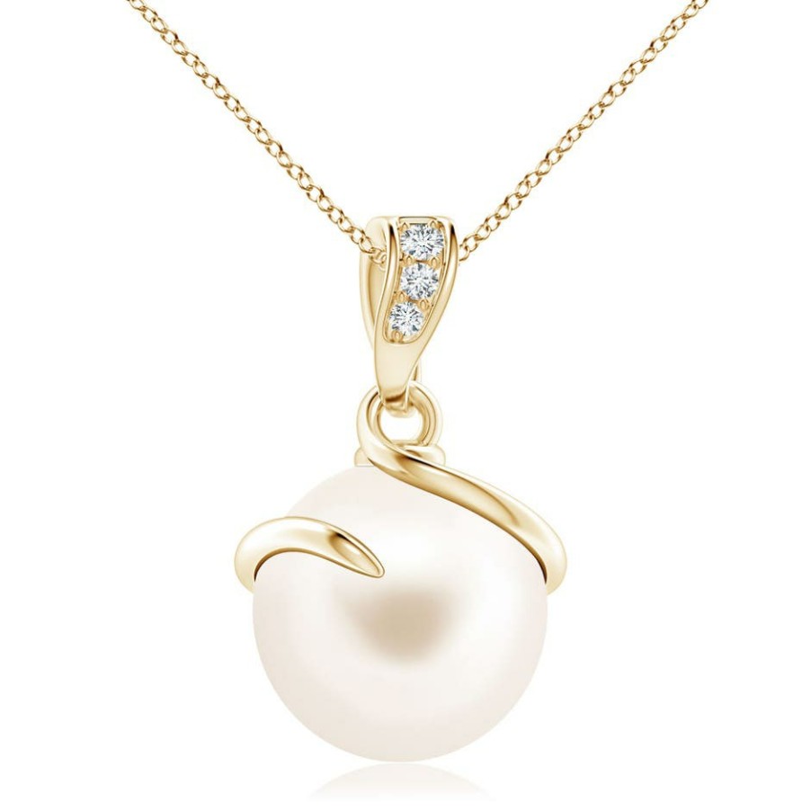 Necklaces Angara Freshwater Pearl | Freshwater Pearl Spiral Pendant With Diamonds