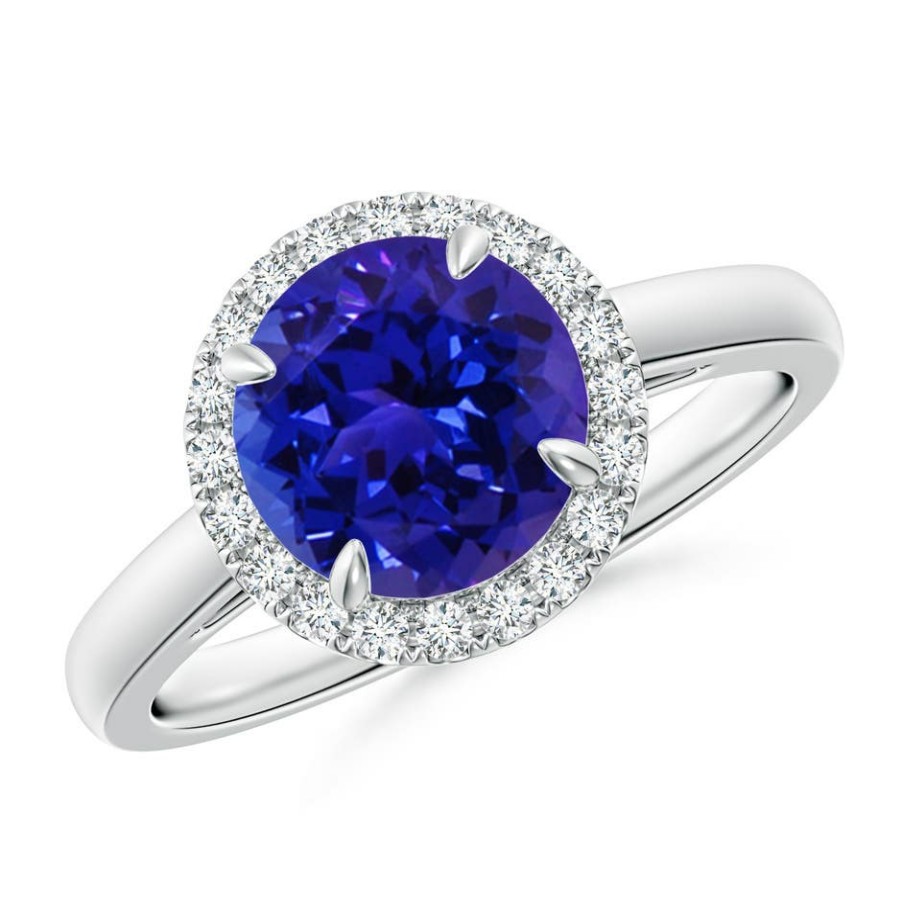 Rings Angara Tanzanite | Round Tanzanite Cathedral Ring With Diamond Halo