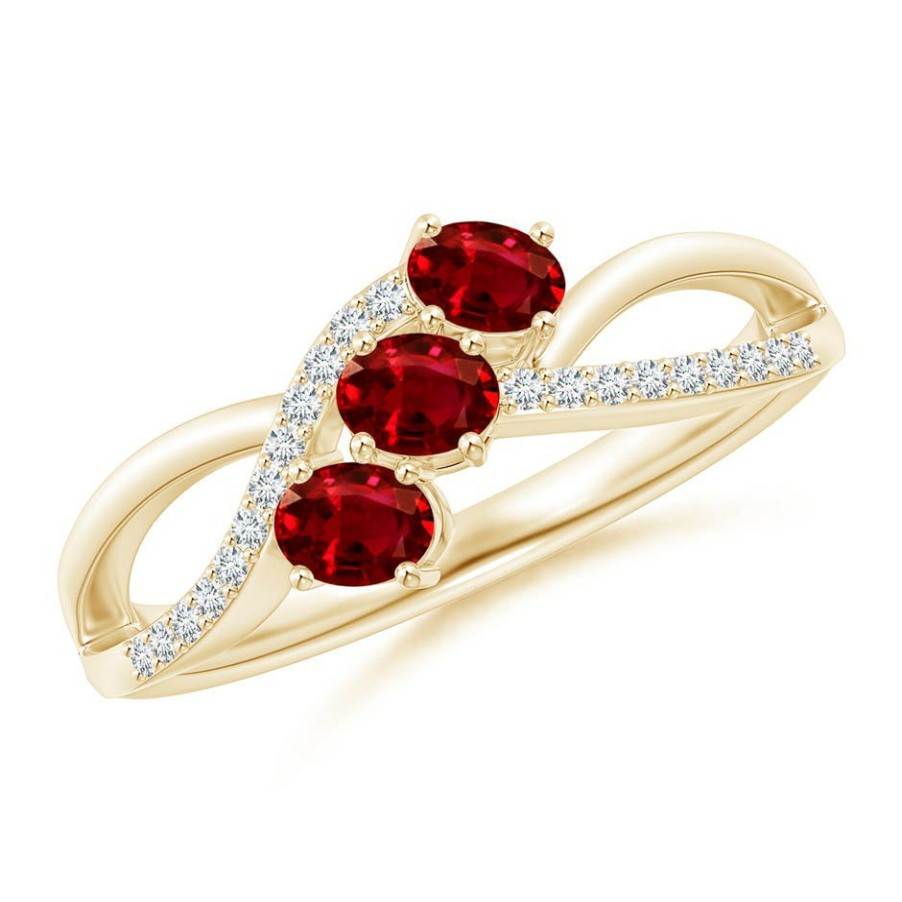 Rings Angara Ruby | Oval Ruby Three Stone Bypass Ring With Diamonds