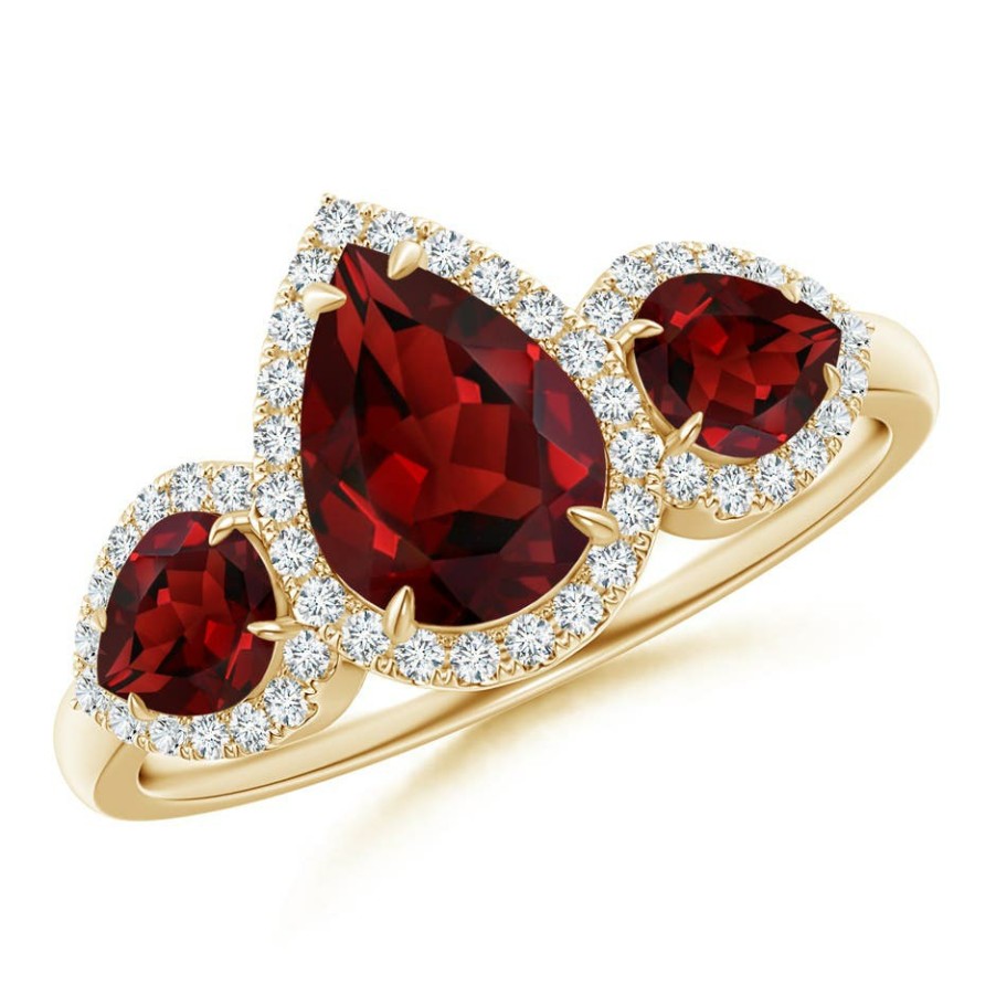 Rings Angara Garnet | Claw-Set Pear Garnet Three Stone Ring With Diamond Halo