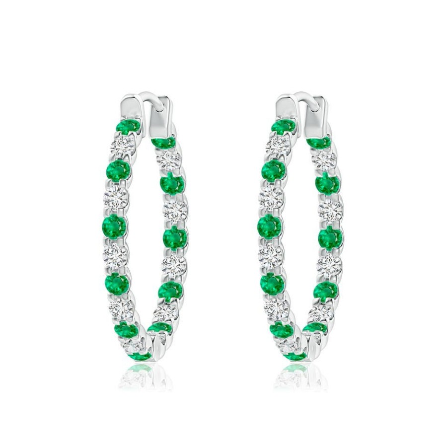 Earrings Angara Emerald | Prong-Set Emerald And Diamond Inside Out Hoop Earrings