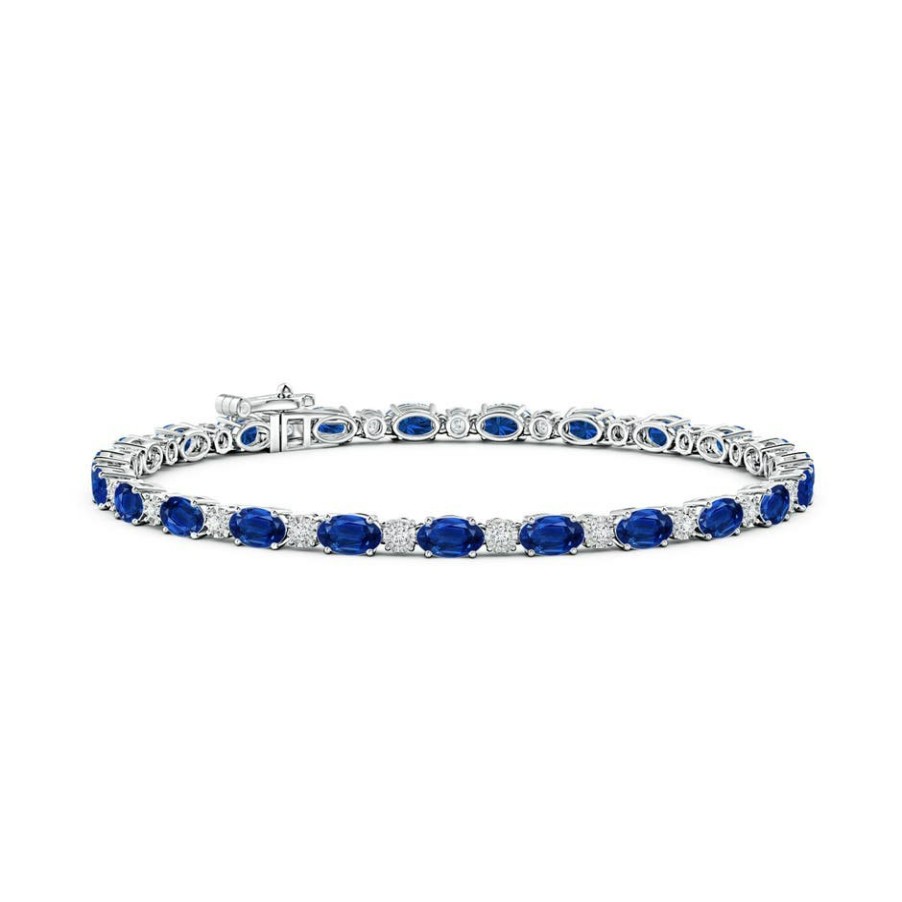 Bracelets Angara Blue Sapphire | Oval Sapphire Tennis Bracelet With Gypsy Diamonds